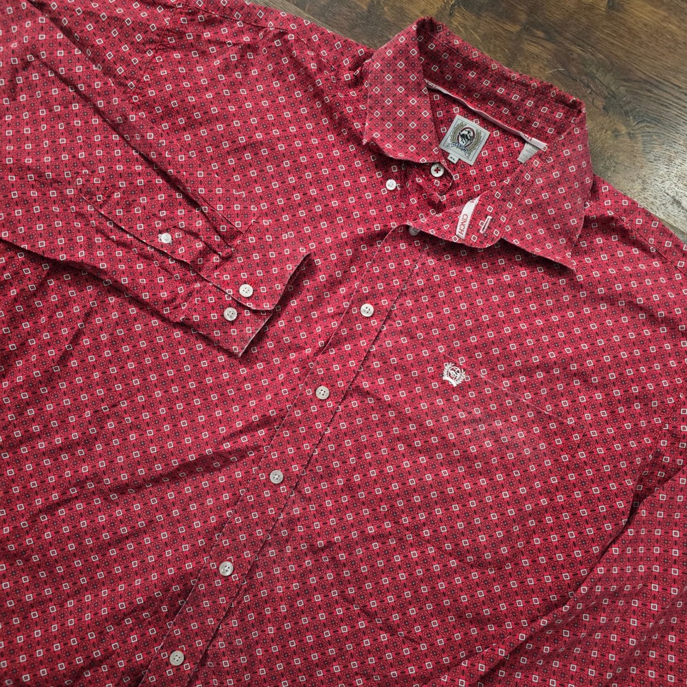 Cinch Mens XL Red Geometric Floral Print Button Down Western Shirt Cotton